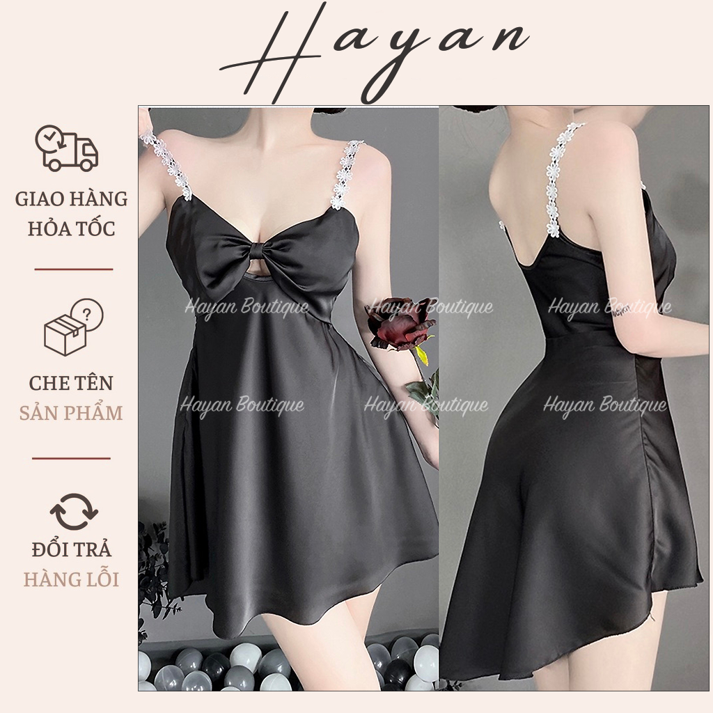 Váy ngủ sexy hai dây ren hoa dáng xoè tặng CHÍP, đầm ngủ lụa ngực xoắn nơ