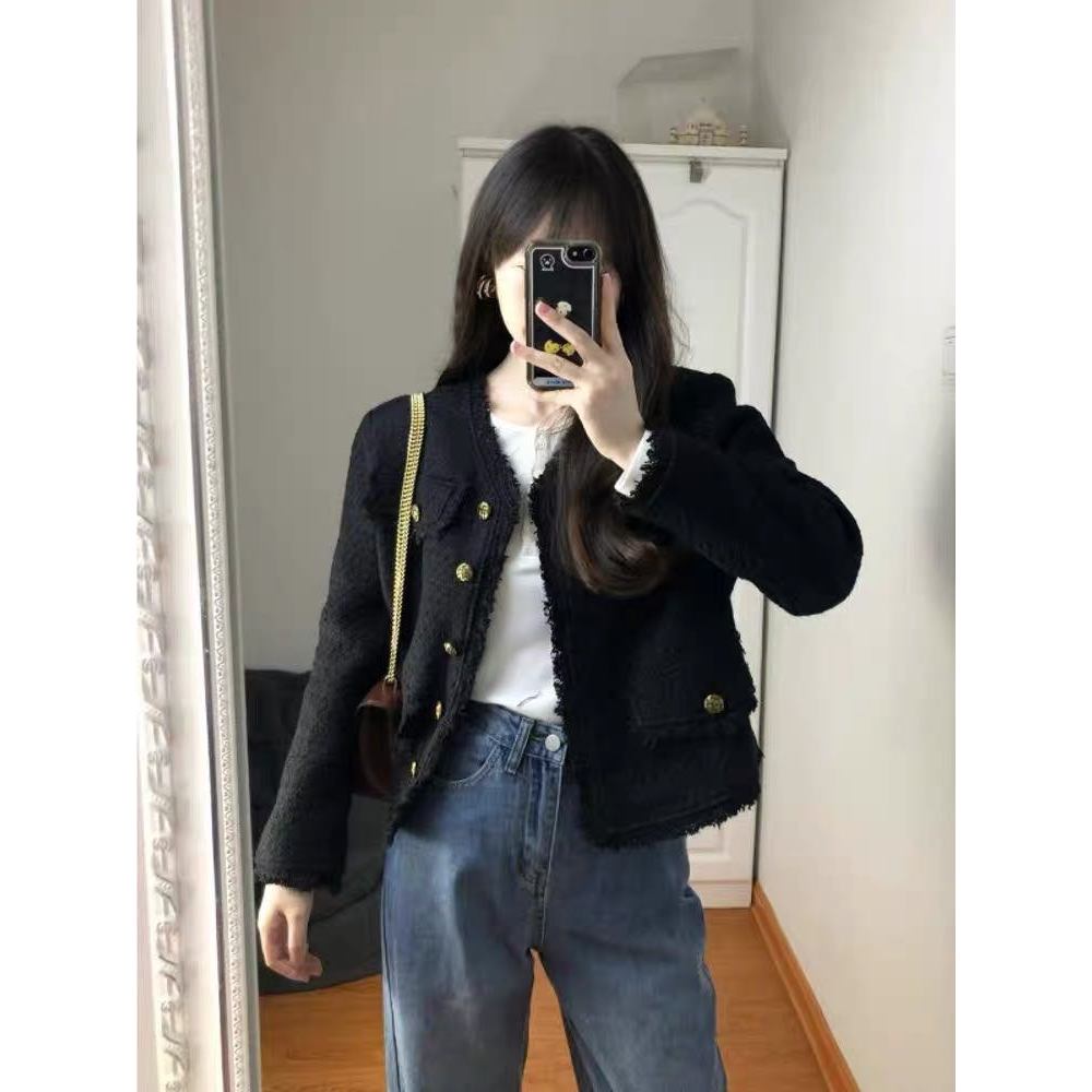 Áo khoác dạ tweed nữ tay dài dáng vừa màu đen cúc đồng sang trọng phong cách đơn giản thanh lịch hàn quốc mùa thu đông