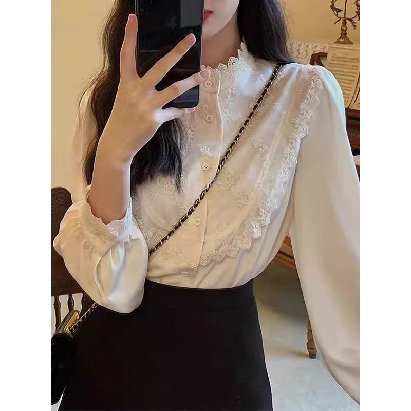N280  Áo sơ mi trắng cổ tàu phối ren CÓ BIG SIZE dài tay thu đông ulzzang basic sang trọng lịch sự