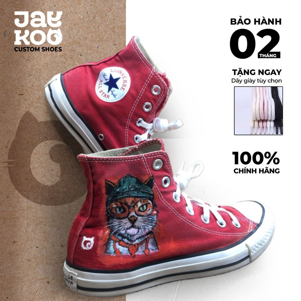 size 38_Giày Converse cổ cao real 2hand chính hãng_ custom Mèo đeo kính mặt ngầu_màu đỏ