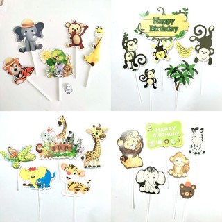 Set cắm vườn thú, động vật rừng xanh voi hổ khỉ trang trí bánh kem, topper cake