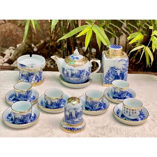 Ấm chén bọc đồng men lam dáng chóp lửa
