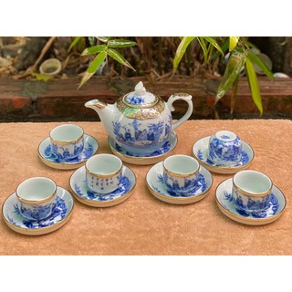 Ấm chén bọc đồng men lam dáng chóp lửa