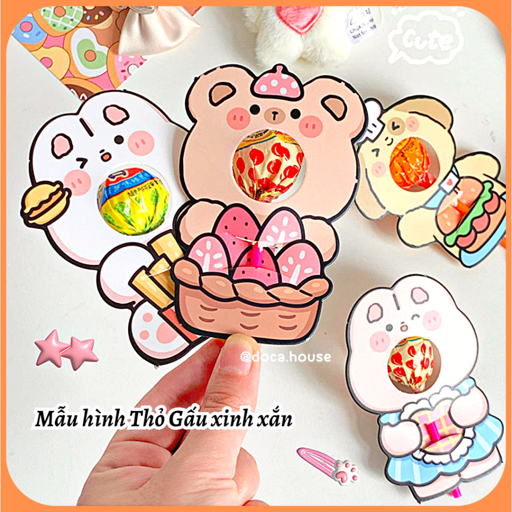 Set Giấy Bọc Thẻ Cài Trang Trí Kẹo Mút Hình Gấu Thỏ Cún Dễ Thương Thích Hợp Làm Quà Tặng Cho Các Bé Người Thương