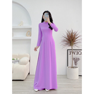 Áo dài trơn cao cổ 2 tà vải lụa mỹ màu tím cà may sẵn