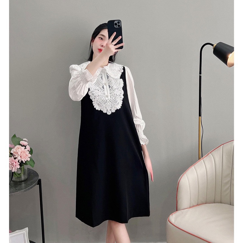 40-95kg Bigsize dài tay - Váy bầu dáng suông cổ sơ mi ren lịch sự công sở sẵn tại shop Oanhltk