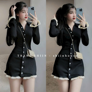 Đầm xu hướng dễ thương du lịch XĐ chất thun gân lạnh body cổ v tay dài phối bèo lai , tay áo sang chảnh