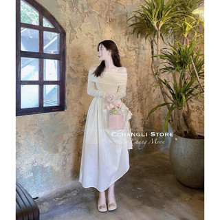 Đầm thời trang nữ mặc đi chơi chất thun gân lạnh trễ vai tay dài phối tùng váy xoè lụa ý chéo màu trắng maxi qua gối QC