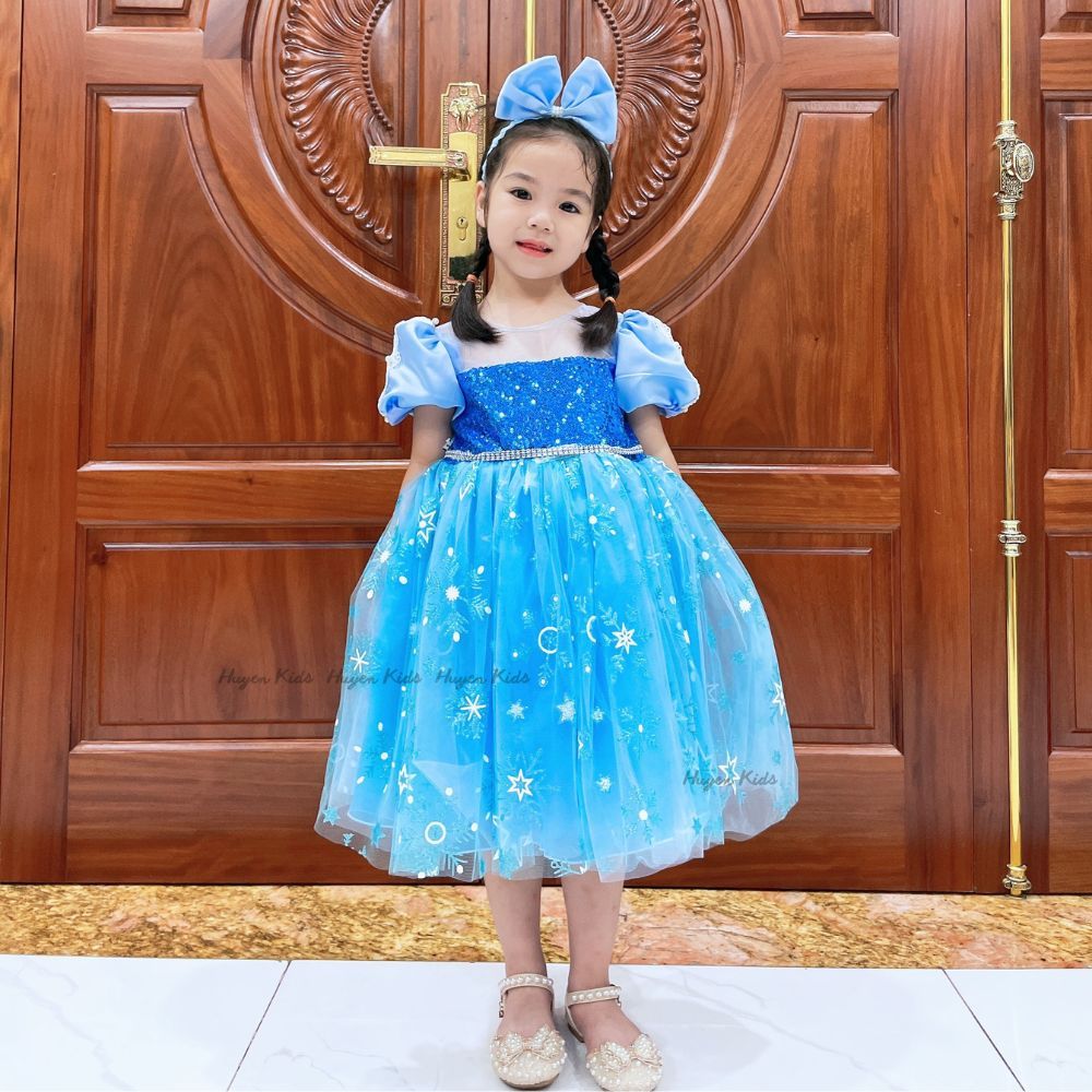 Váy Elsa Bé Gái Thiết Kế Kèm Áo Choàng Bờm Nơ, Đầm Elsa Bé Gái Cao Cấp