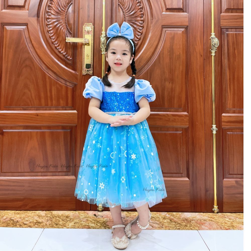 Váy Elsa Bé Gái Thiết Kế Kèm Áo Choàng Bờm Nơ, Đầm Elsa Bé Gái Cao Cấp