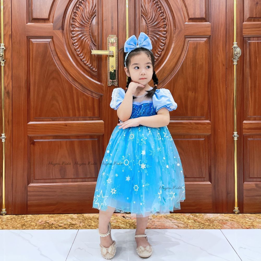 Váy Elsa Bé Gái Thiết Kế Kèm Áo Choàng Bờm Nơ, Đầm Elsa Bé Gái Cao Cấp