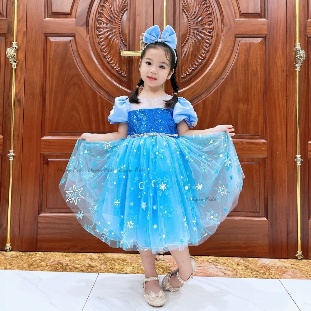 Váy Elsa Bé Gái Thiết Kế Kèm Áo Choàng Bờm Nơ, Đầm Elsa Bé Gái Cao Cấp