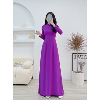 Áo dài trơn cao cổ 2 tà màu tím,áo dài truyền thống vải lụa mỹ