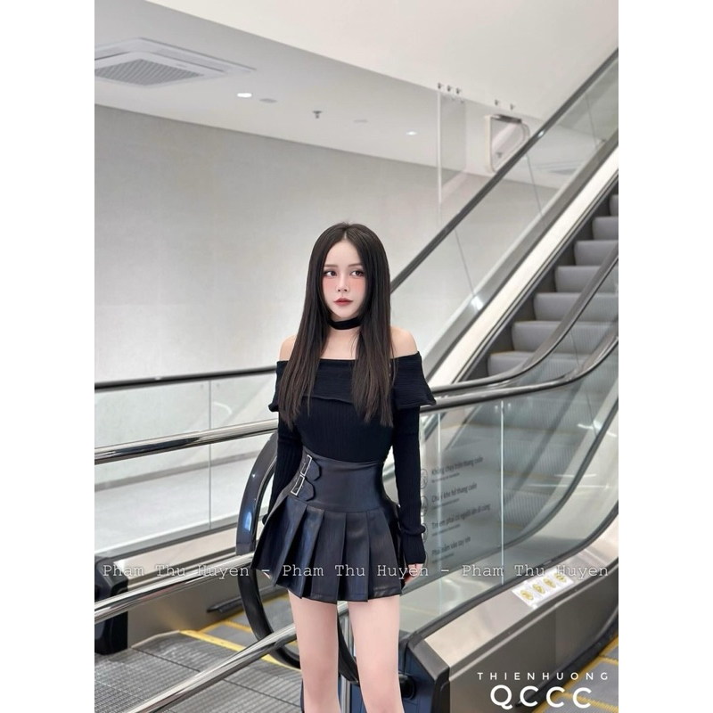 Áo len trễ vai kèm choker QC