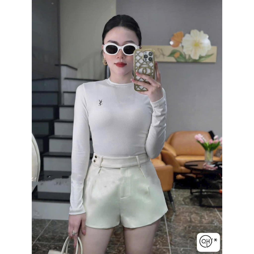 Áo phông zip mềm thêu Y.SL dài tay 2 màu