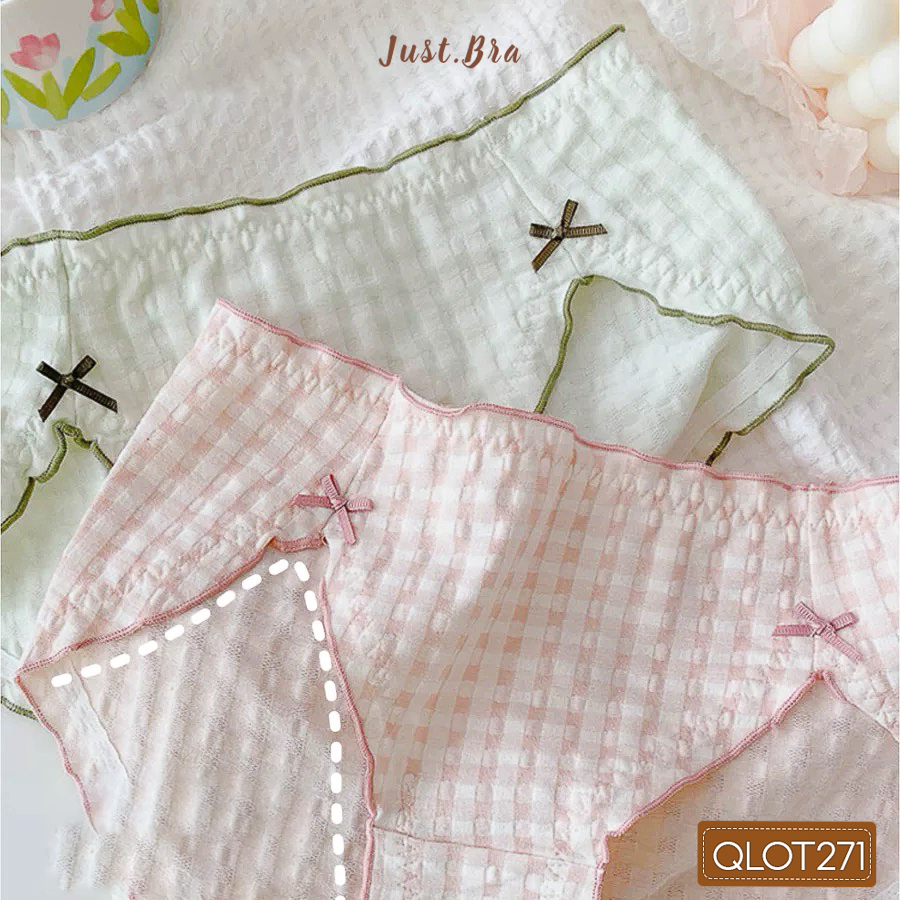 Quần lót nữ Just Bra chất liệu thun cotton thoáng khí, hoạ tiết phối nơ và viền nhún đáng yêu QLOT271