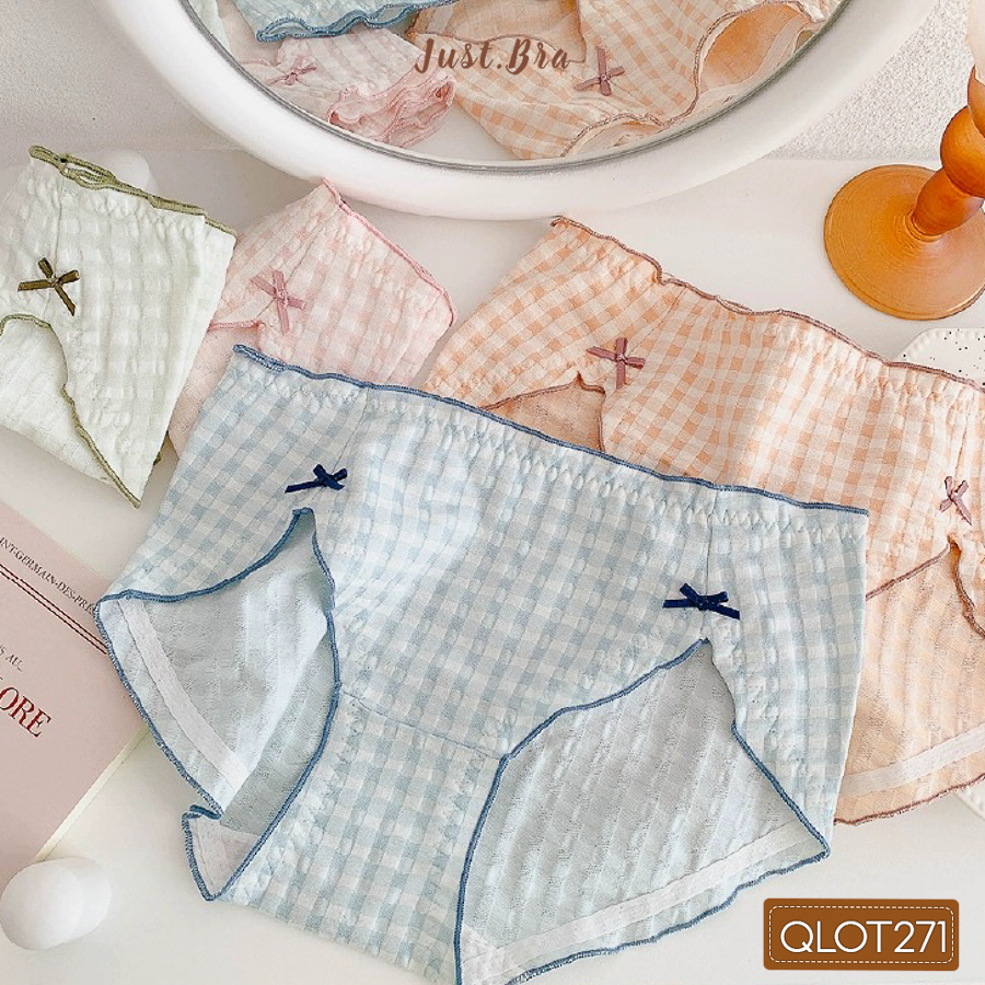 Quần lót nữ Just Bra chất liệu thun cotton thoáng khí, hoạ tiết phối nơ và viền nhún đáng yêu QLOT271