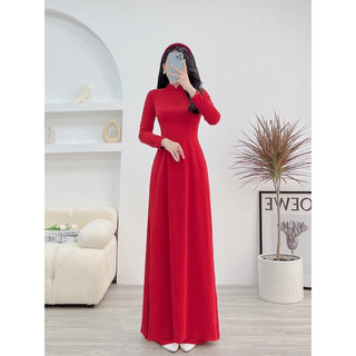 Áo dài trơn cao cổ 2 tà màu đỏ,áo dài truyền thống vải lụa mỹ