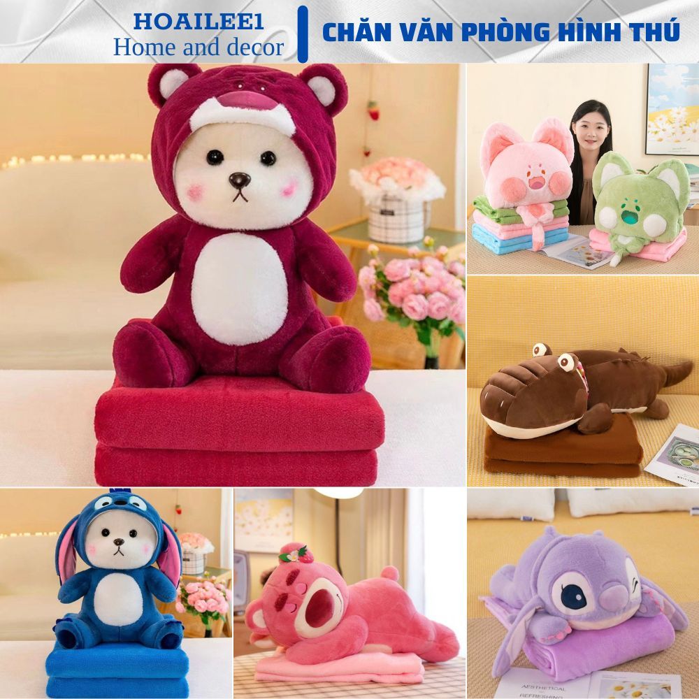 Bộ chăn gối văn phòng,mẫu gấu dâu tây doremon kèm chăn bên trong, gối kèm chăn cho bé đi học, đi du lịch tiện lợi