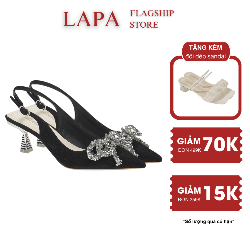 Giày cao gót nữ LAPA 7cm mũi nhọn dáng slingback khuyết eo màu đen gắn nơ - LP056