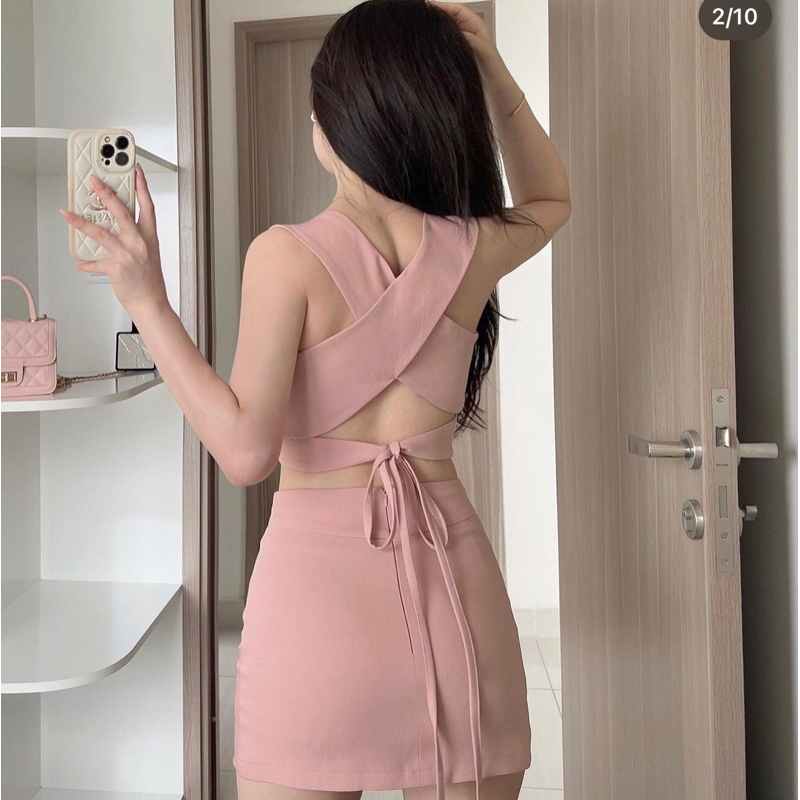 SET CROP CỔ V CHÉO DÂY LƯNG + CHÂN VÁY
