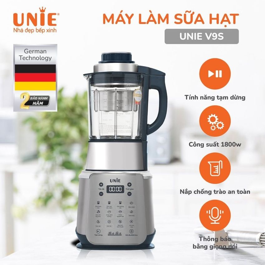 Máy Xay Nấu Sữa Hạt Unie V9S, Công suất 1800W, Dung tích 1.75L, Sấy Khử Khuẩn, Tạm Dừng Khi Nấu, Hàng Chính Hãng