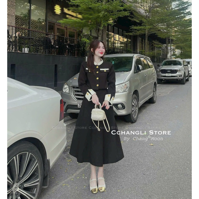 Sét váy tiểu thư thời trang nữ công sở chất lennin cao cấp áo phối viền gài nút tay dài mix chân váy xoè chữ A một màu