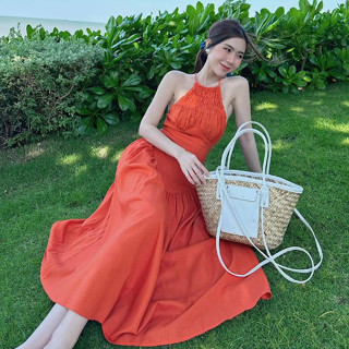 Đầm maxi yếm hở lưng đi biển, váy yếm dáng xoè đan dây lưng xinh xắn  _L129