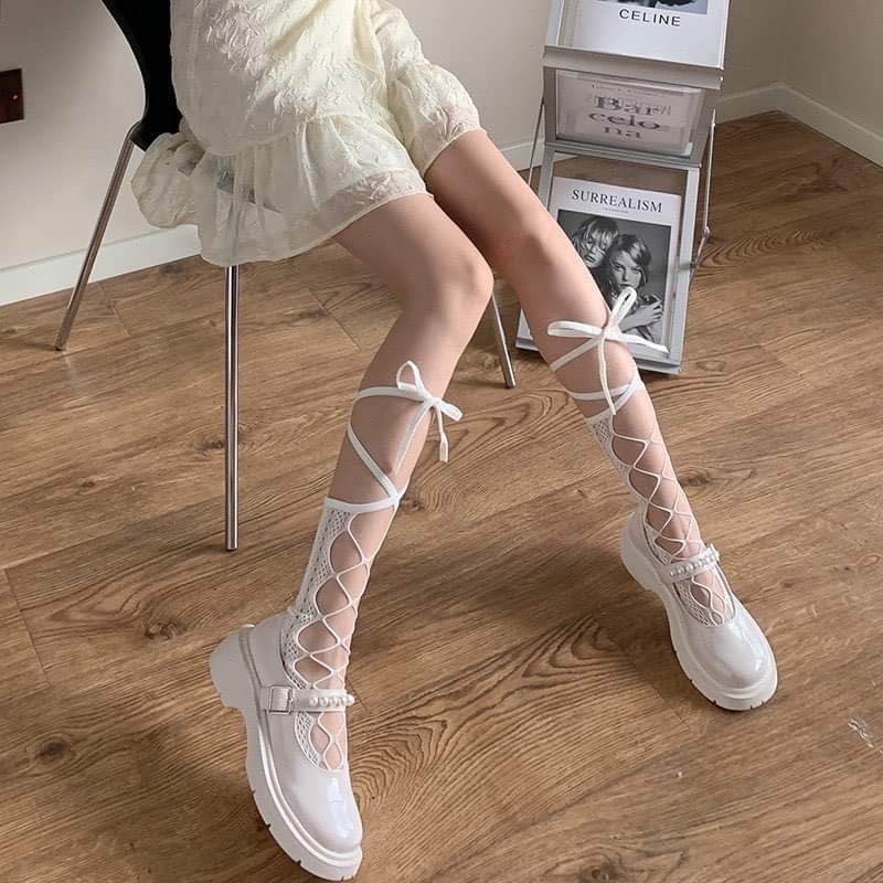 Tất lưới buộc dây phong cách lolita cosplay ngọt ngào nữ tính màu trắng