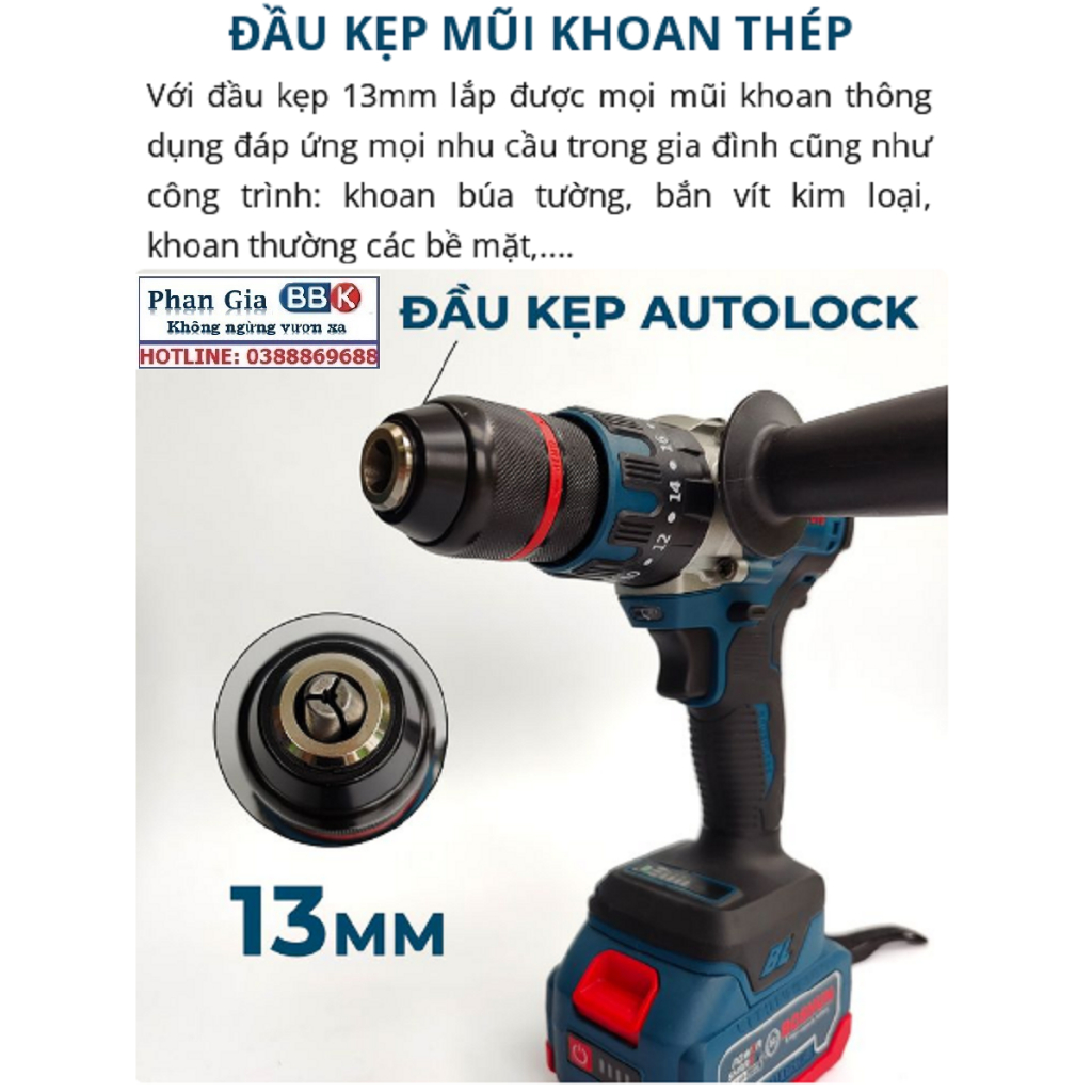 Máy Khoan Pin Boshun BS-ID1390BL Có Búa, Không Chổi Than, AutoLock 13mm