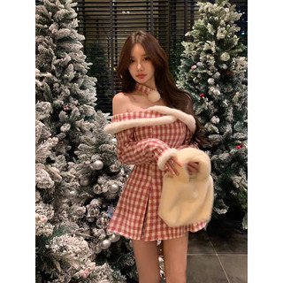 Đầm caro hở vai viền lông tay dài form chữ A thời trang giáng sinh noel thu đông - có BIGSIZE