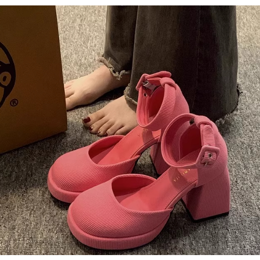 Giày Mary Jane da lộn viền gân mũi tròn đế vuông gót cao 9 cm êm chân quai lỗ xỏ ôm chân