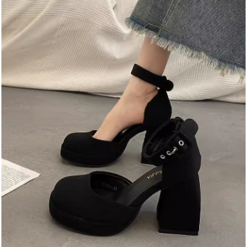 Giày Mary Jane da lộn viền gân mũi tròn đế vuông gót cao 9 cm êm chân quai lỗ xỏ ôm chân