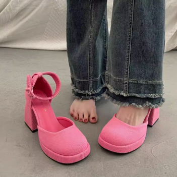 Giày Mary Jane da lộn viền gân mũi tròn đế vuông gót cao 9 cm êm chân quai lỗ xỏ ôm chân