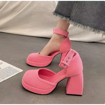 Giày Mary Jane da lộn viền gân mũi tròn đế vuông gót cao 9 cm êm chân quai lỗ xỏ ôm chân