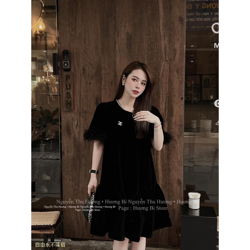 Váy nhung xuông tay lông kèm tag