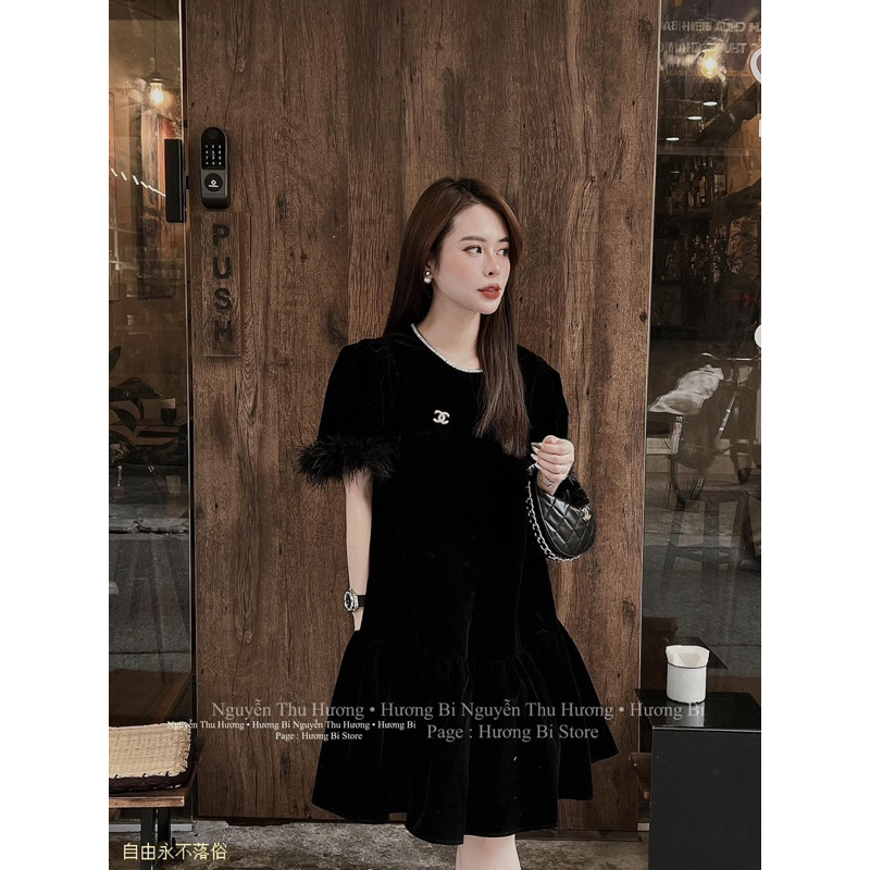 Váy nhung xuông tay lông kèm tag