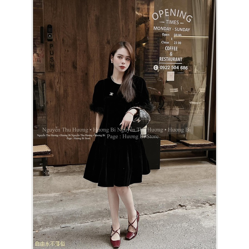 Váy nhung xuông tay lông kèm tag