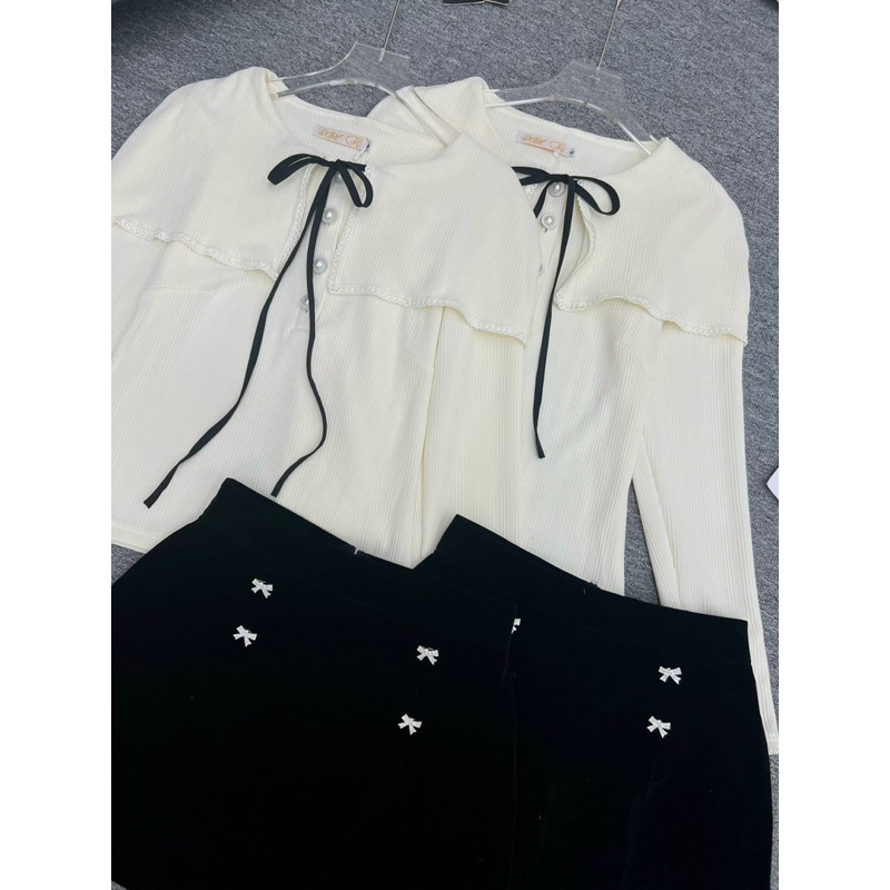 Set Thun Dài Tay Nơ Mix Váy L1