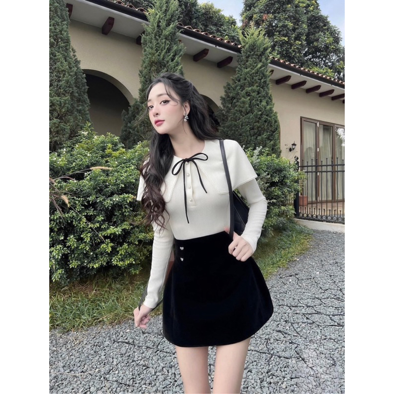 Set Thun Dài Tay Nơ Mix Váy L1