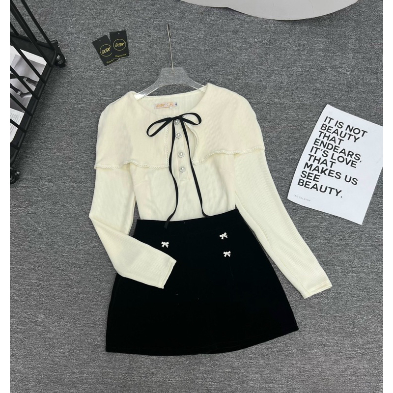 Set Thun Dài Tay Nơ Mix Váy L1