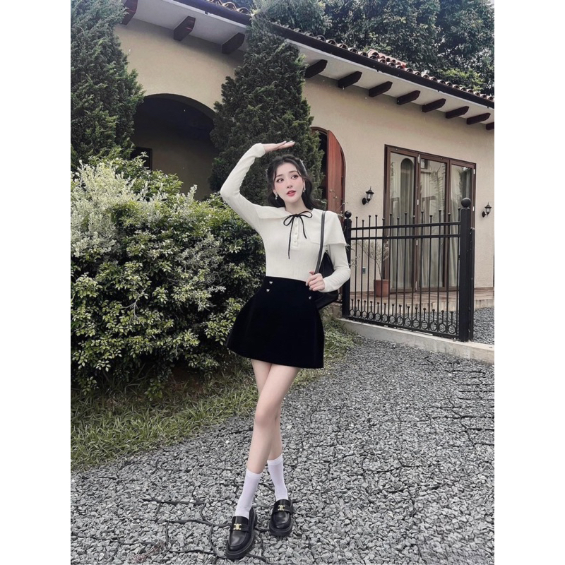 Set Thun Dài Tay Nơ Mix Váy L1