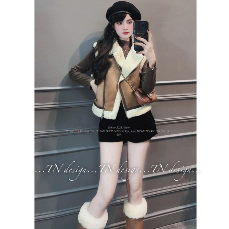 Áo khoác gile da lộn lót lông cừu
