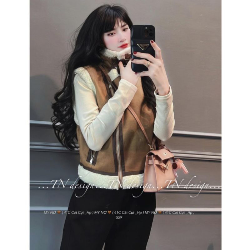 Áo khoác gile da lộn lót lông cừu