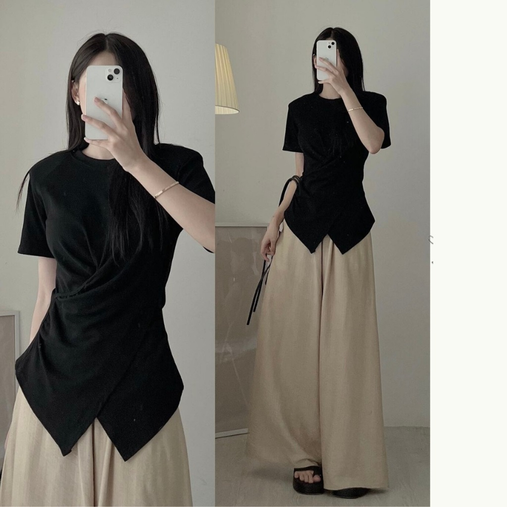 Áo thun nữ trơn cổ tròn nhúm eo vạt chéo Maylily Store