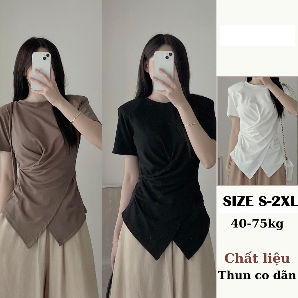 Áo thun nữ trơn cổ tròn nhúm eo vạt chéo Maylily Store