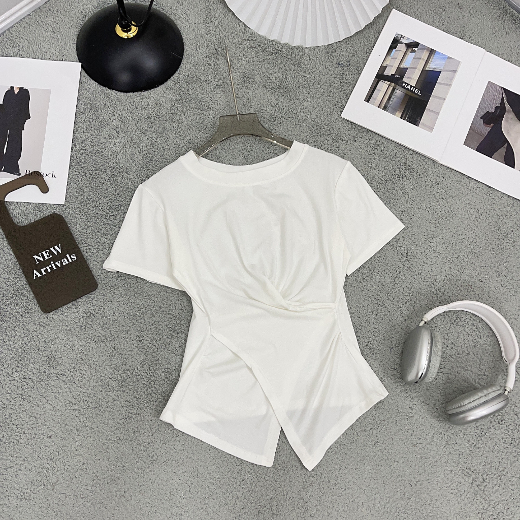 Áo thun nữ trơn cổ tròn nhúm eo vạt chéo Maylily Store