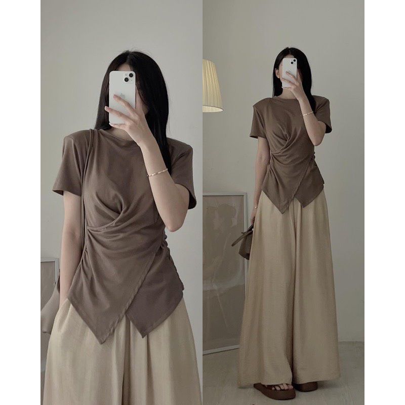 Áo thun nữ trơn cổ tròn nhúm eo vạt chéo Maylily Store