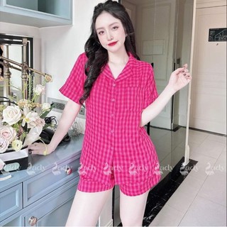 Sét bộ đùi pyjama kẻ xốp cổ vét