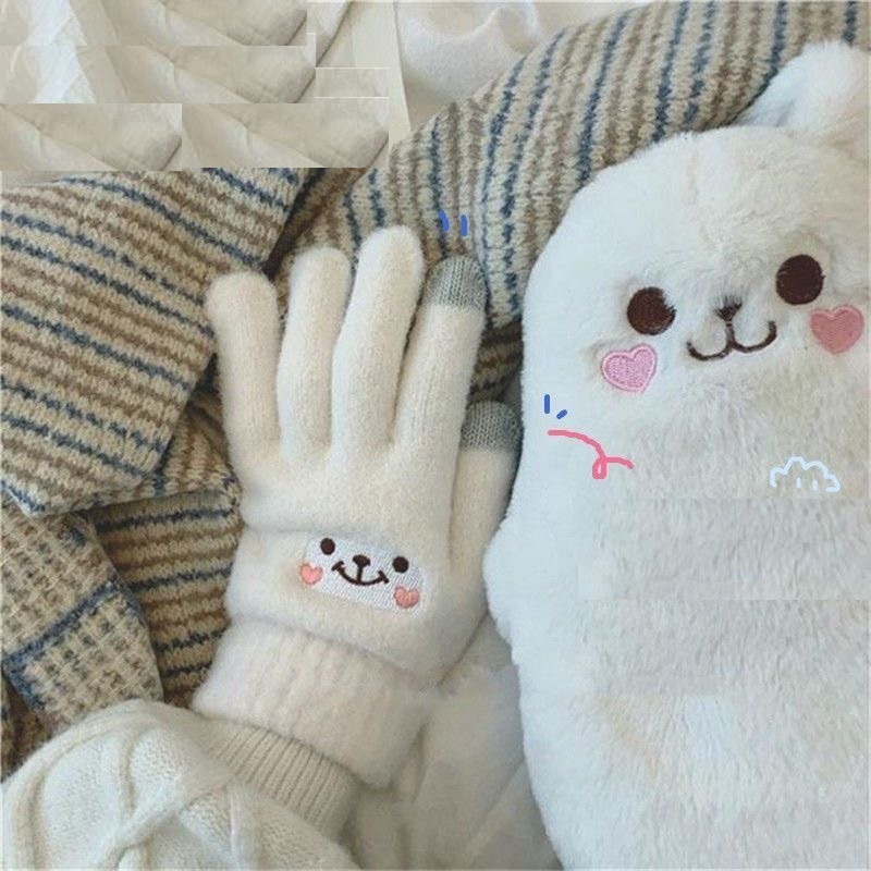 Găng tay len dệt kim Họa tiết mèo mềm mại co giãn và giữ ấm có thể dùng trên màn hình cảm ứng hình thú cute